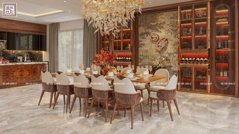 Bàn ghế ăn gỗ óc chó tâm điểm phòng bếp