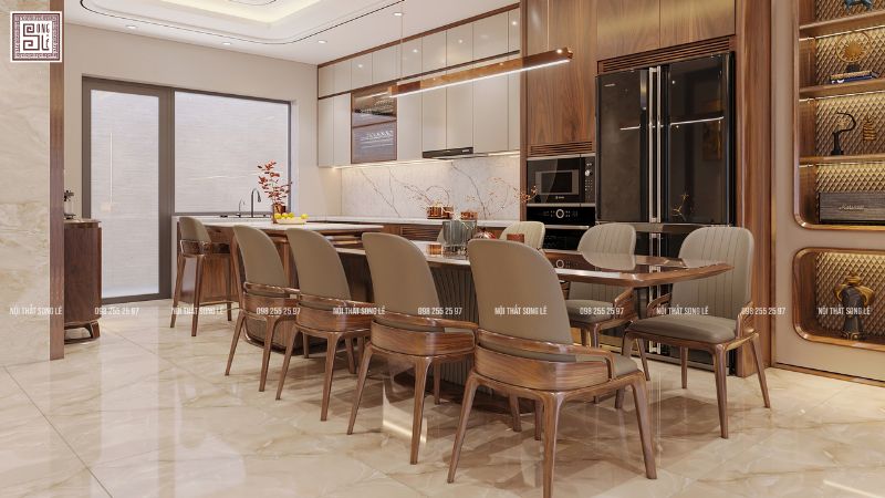 Hình ảnh 3D thiết kế phòng ăn gỗ óc chó biệt thự Quảng Ninh