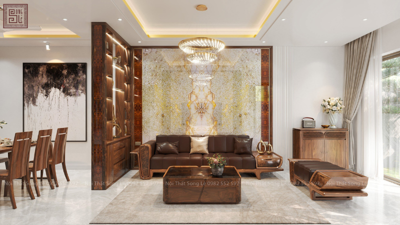 Nội thất phòng khách Sofa gỗ óc chó bọc da Italy