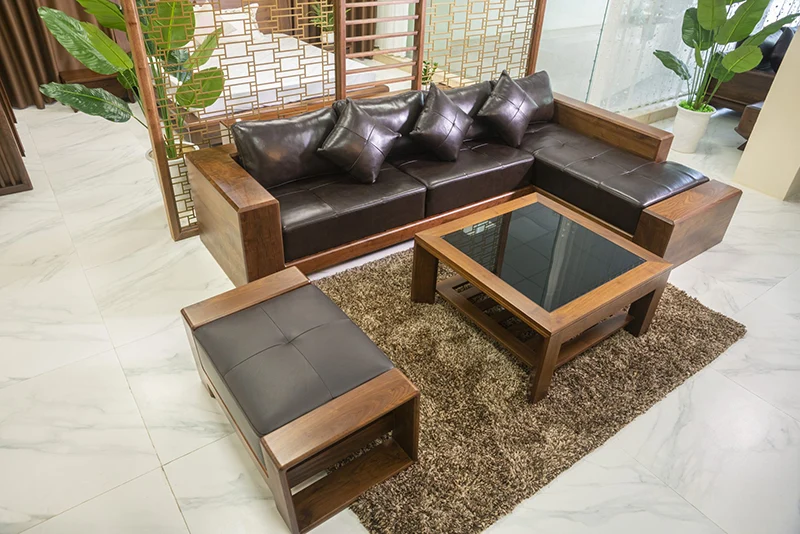 Sofa góc L gỗ óc chó cho không gian phòng khách nhỏ