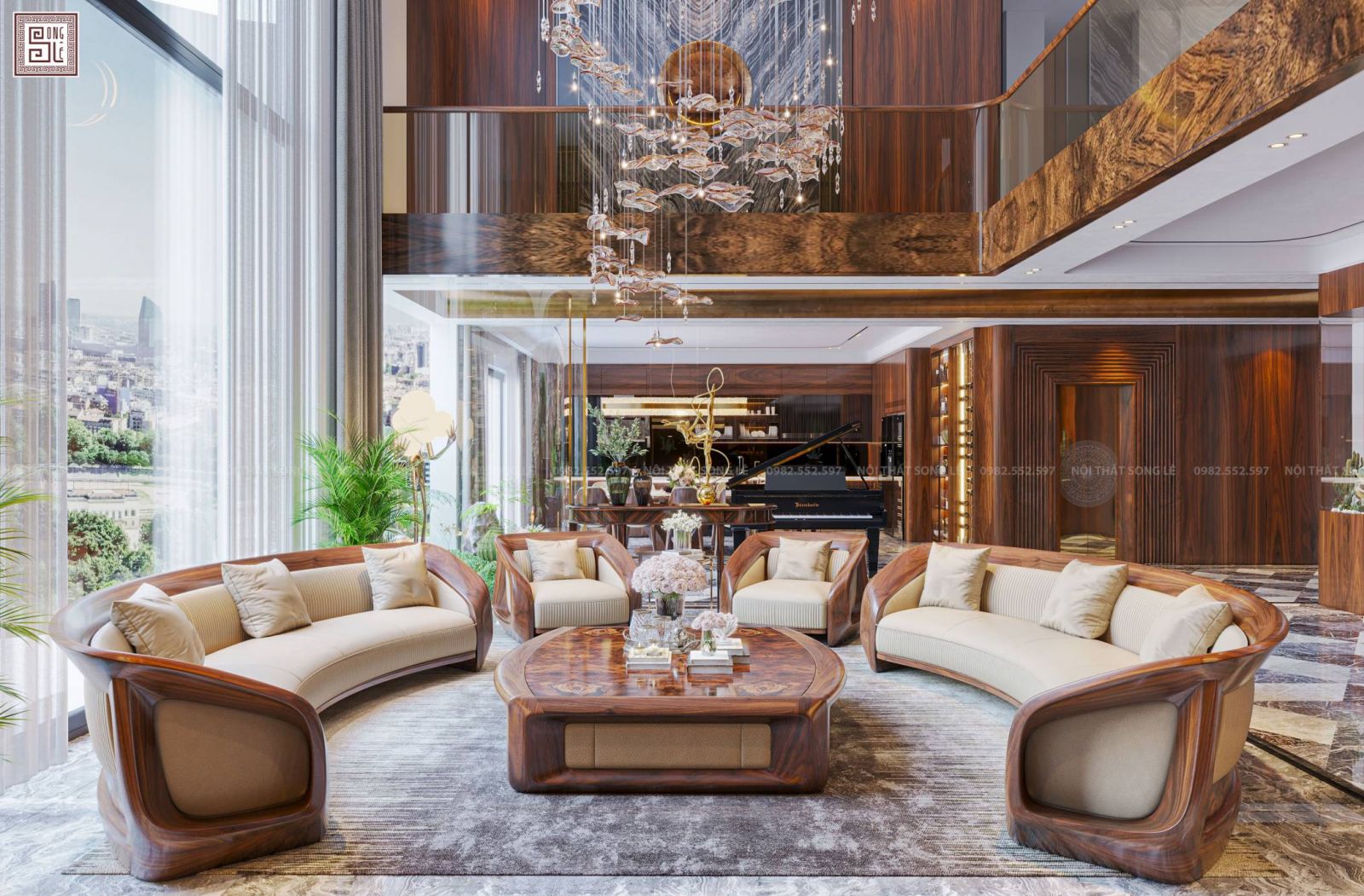 Sofa gỗ óc chó bo cong nghệ thuật