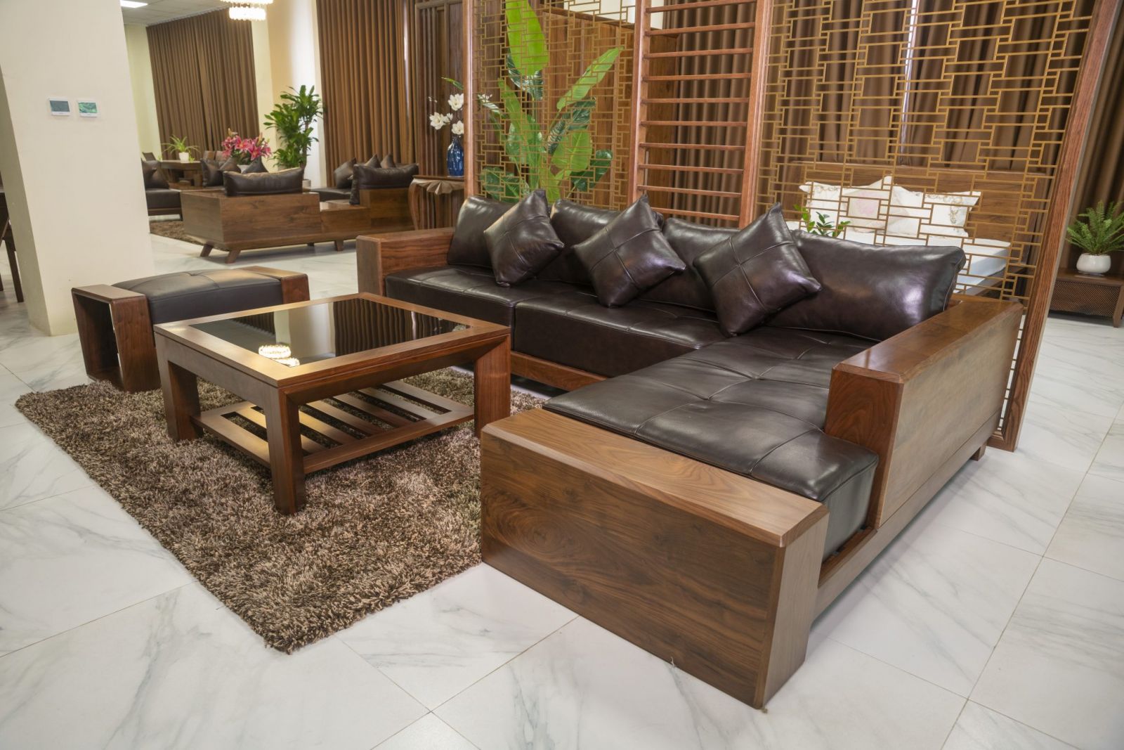 Sofa gỗ óc chó chữ L