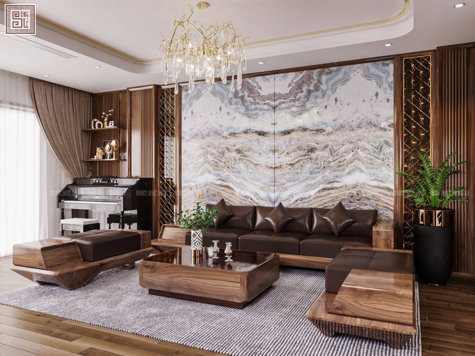 Sofa gỗ óc chó chữ U bề thế