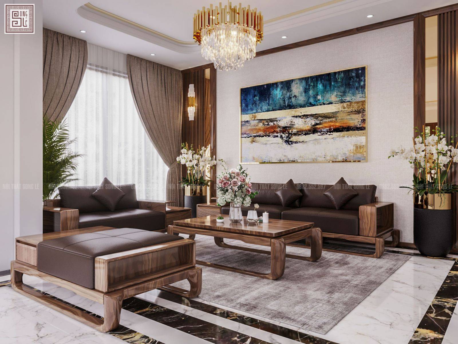 Sofa gỗ óc chó thiết kế tối giản Module luxury