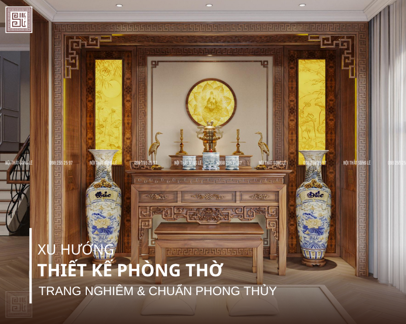 Xu hướng thiết kế nội thất phòng thờ gỗ óc chó trang nghiêm và chuẩn phong thủy