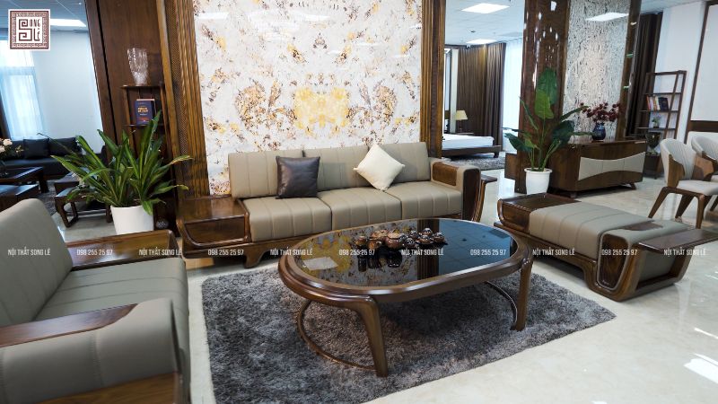Sofa gỗ óc chó bọc da