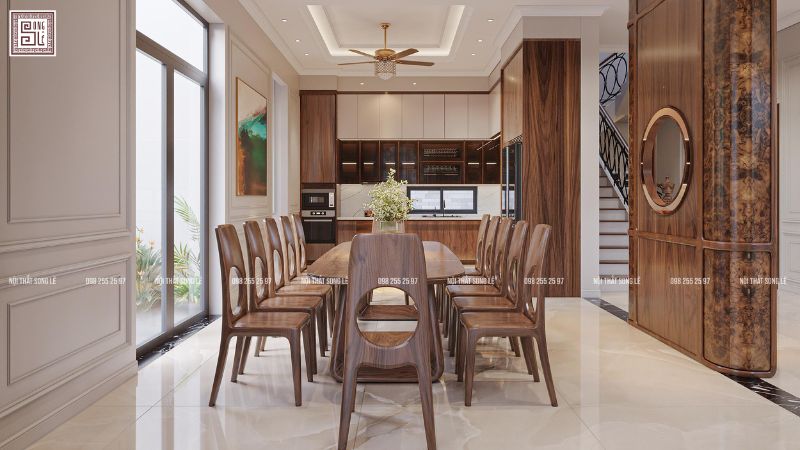 Thi công nội thất phòng ăn gỗ óc chó tại Nghệ An