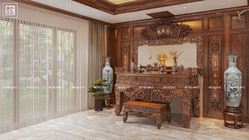 Thi công nội thất phòng thờ gỗ óc chó tại Nghệ An