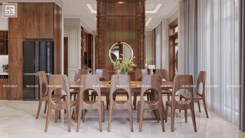 Thiết kế nội thất chung cư phòng ăn với gỗ óc chó 