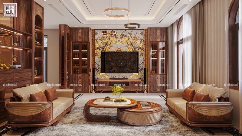 Thiết kế nội thất gỗ óc chó với da bò Ý và đá Bookmatched