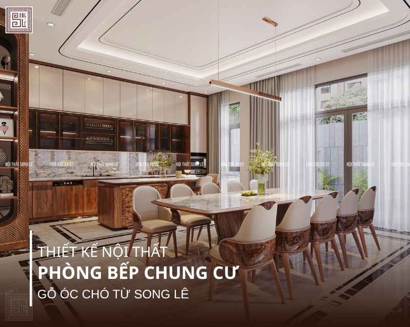 5 nguyên tắc thiết kế nội thất phòng bếp chung cư gỗ óc chó rộng rãi sang trọng 