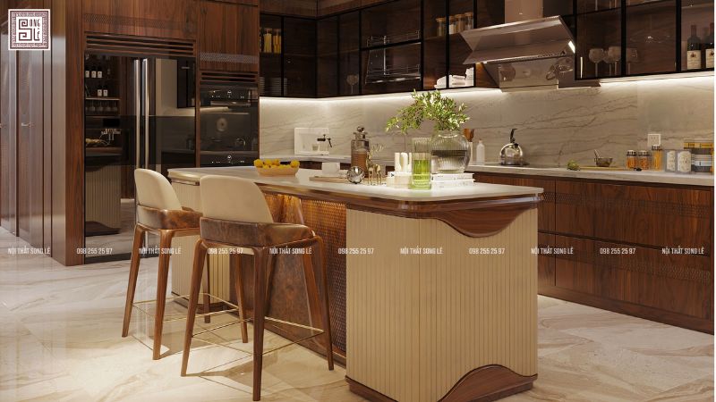 Thiết kế nội thất phòng bếp gỗ óc chó bo cong nghệ thuật
