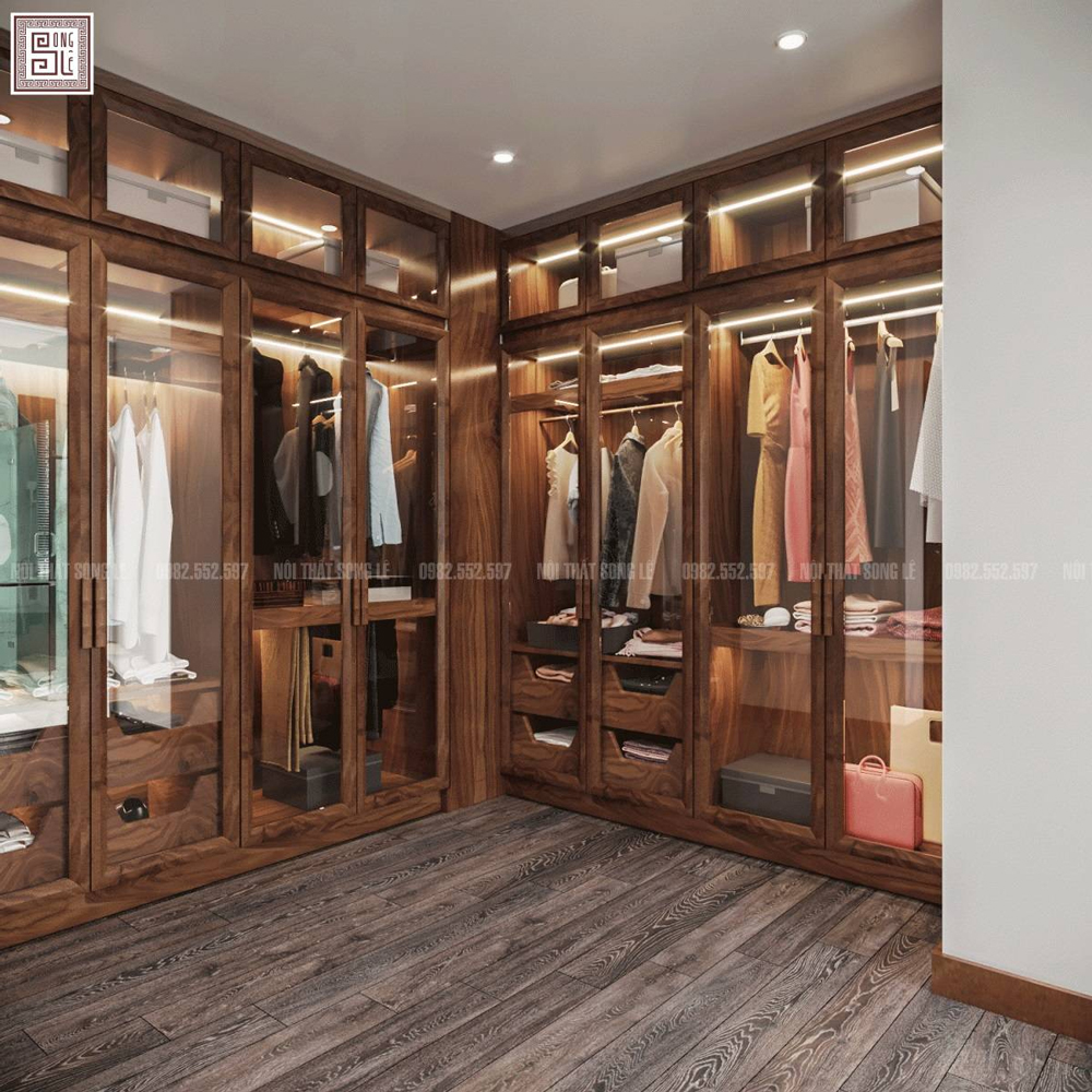 Tủ quần áo gỗ óc chó cánh kính chữ L