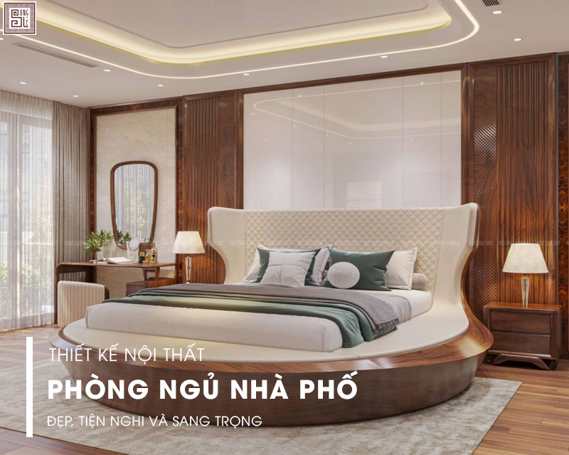 Thiết kế nội thất phòng ngủ nhà phố gỗ óc chó đẹp, tiện nghi và sang trọng