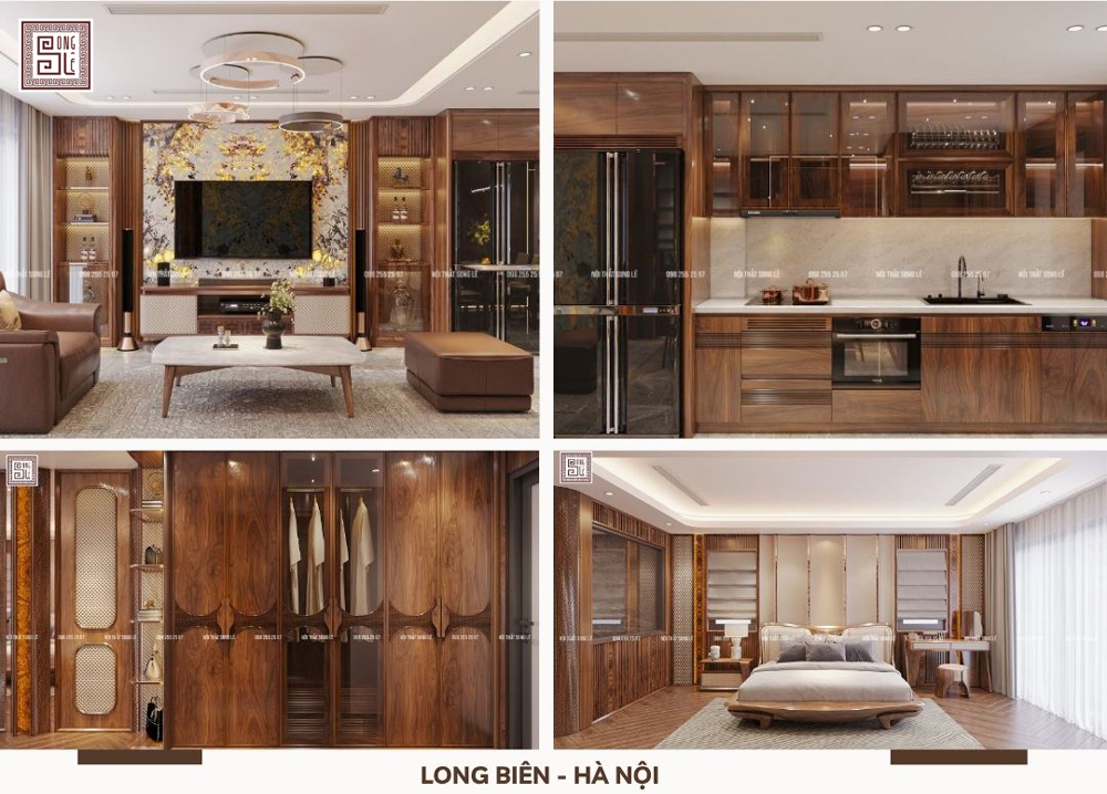 Thiết kế nội thất nhà phố gỗ óc chó Long Biên Hà Nội
