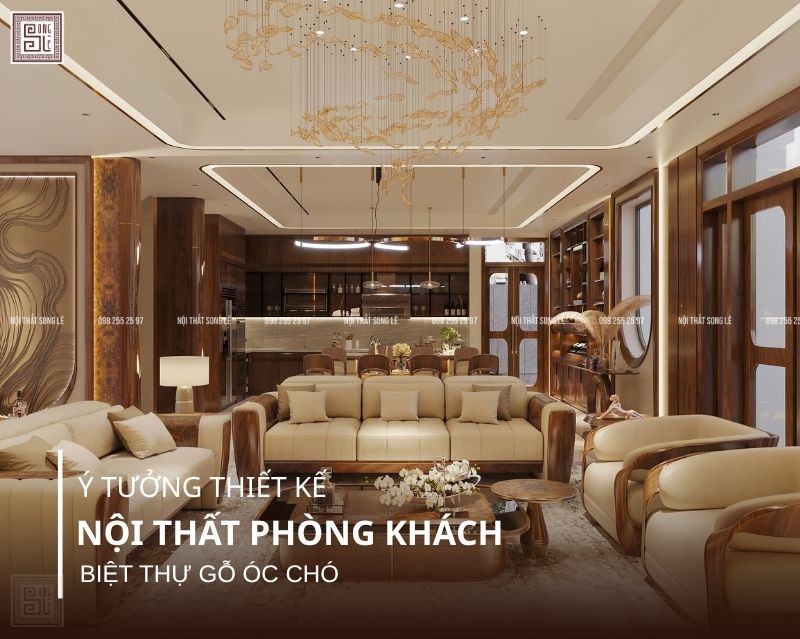 Ý tưởng thiết kế nội thất phòng khách biệt thự gỗ óc chó sang trọng 2026